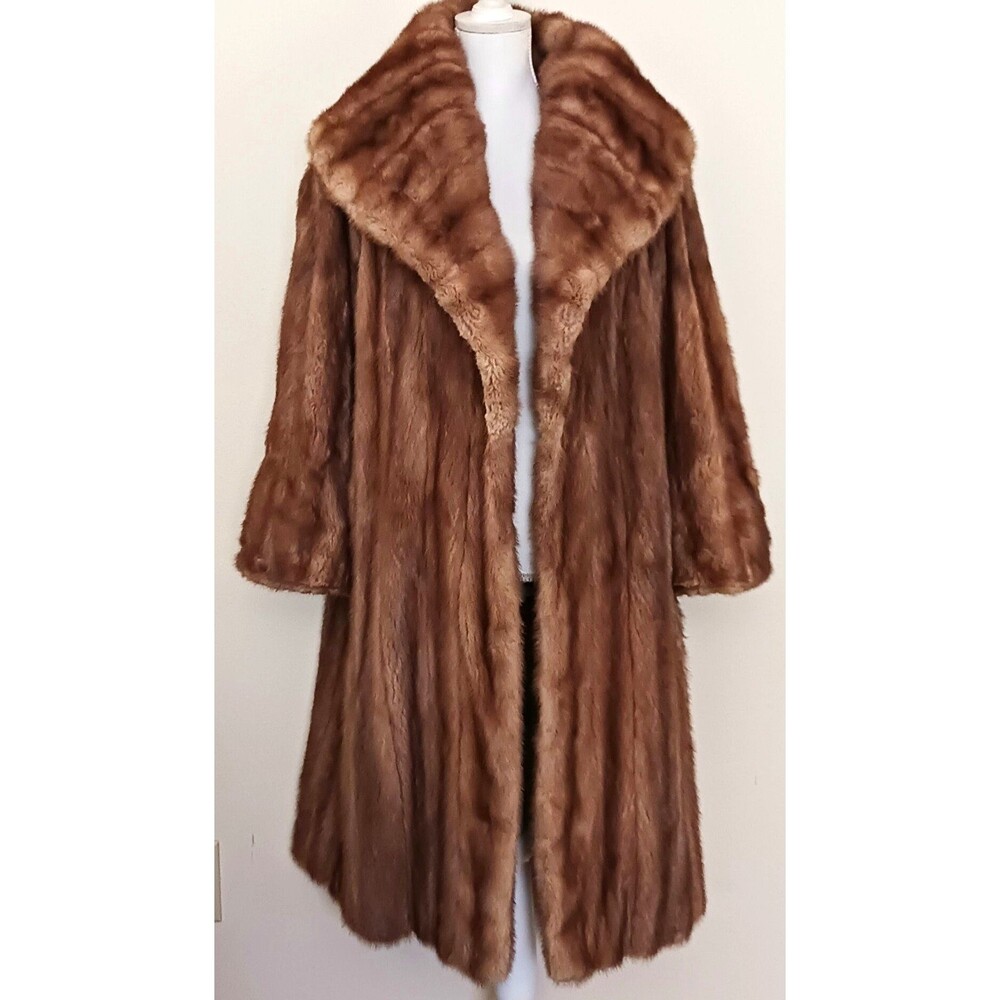 VTG Brown Mink Coat Wide Shawl Collar Knee Length Fits L/XL